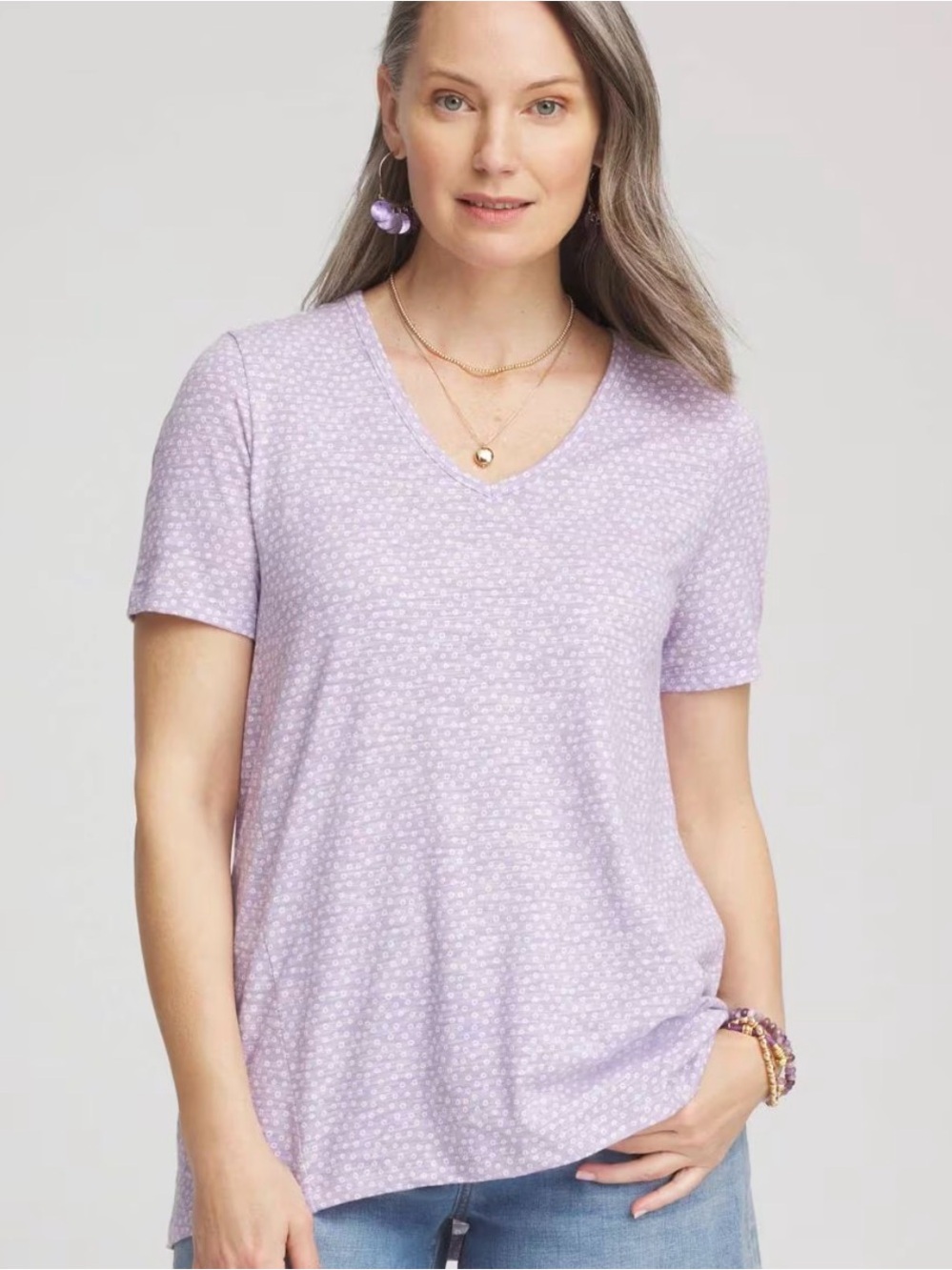 Chicos NWT Polka-Dot Short Sleeve Forward Seam Tee light purple lavender small 0